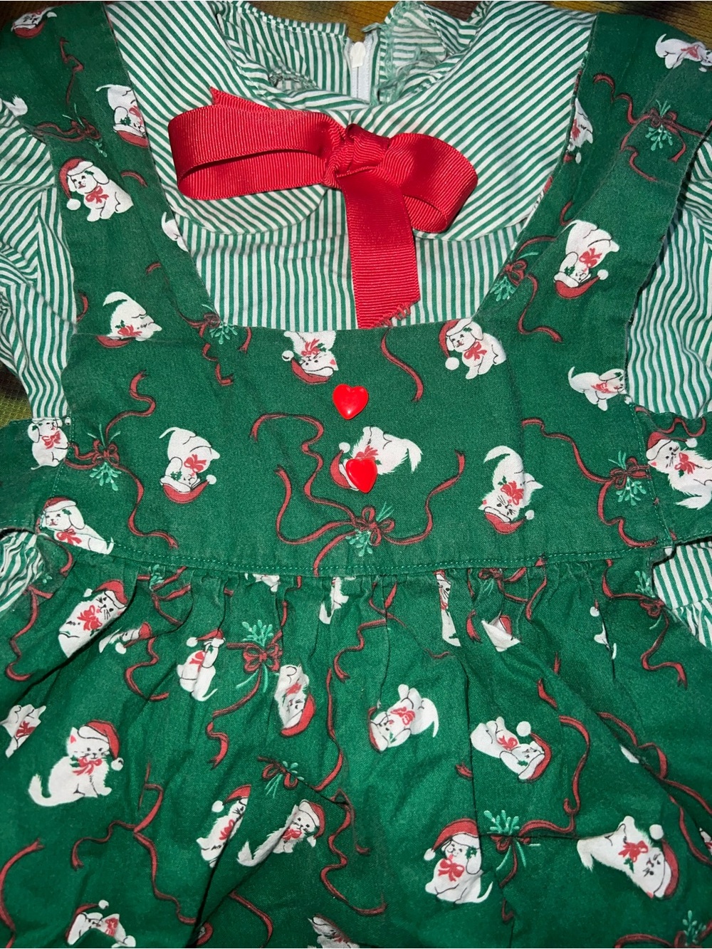🎄VTG 90s Pinstripe Dress & Christmas Kitten Pinafore Apron Set